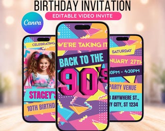 90s Birthday Invitation Animated Invite, Editable Retro Party Evite, Back to the 90s Canva Video Invitation Template, Digital Download