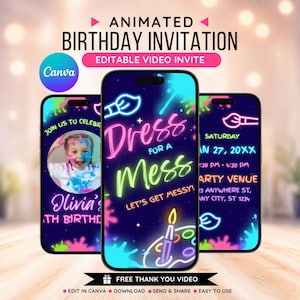 Pode incluir: Design de convite de aniversário animado em três smartphones. O telefone central exibe "Dress for a Mess" em cores neon. Outros telefones mostram uma foto de criança e detalhes do evento. Inclui Canva.