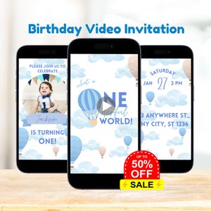 Invito mongolfiera, invito di compleanno Onederful, mongolfiera blu, primo compleanno di un bambino, invito animato, invito video di compleanno