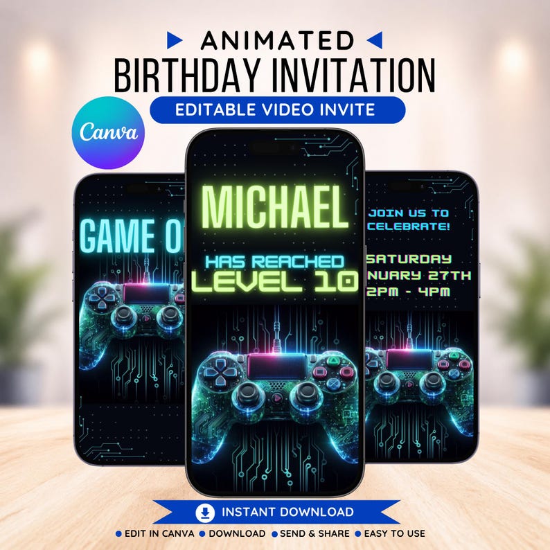 May include: Animated birthday invitation featuring three smartphones with a gaming theme. The central phone displays "MICHAEL HAS REACHED LEVEL 10" in neon green. The other phones show a game controller graphic. The invitation includes the text "EDITABLE VIDEO INVITE".