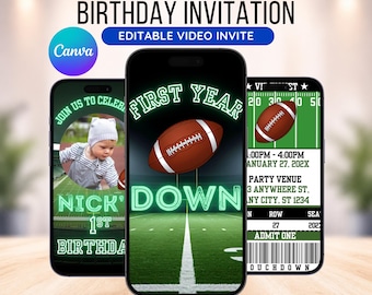First Year Down Birthday, Football First Birthday, Football Invitation, Football Party, Boy First Birthday Animated Invite, Video Invitation