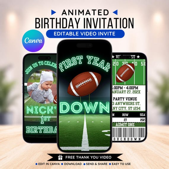 First Year Down Birthday, Football First Birthday, Football Invitation, Football Party, Boy First Birthday Animated Invite, Video Invitation