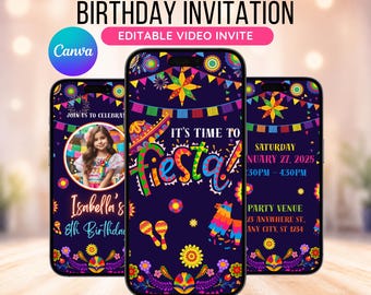Invitación editable para fiesta de cumpleaños con temática mexicana, ¡A celebrar!, invitación animada, invitación descargable, plantilla de Canva.