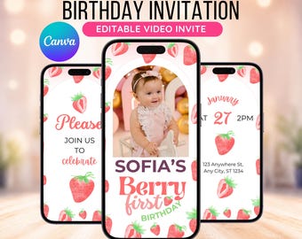Berry First Birthday, Custom Animated, Strawberry Birthday, Berry Birthday, Animated Invite, Digital Invite, Birthday Invitation Template