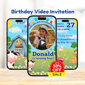 Editable Blue Farm Birthday Animated Video Invitation: Animated Barnyard Animals Party (Canva Template)