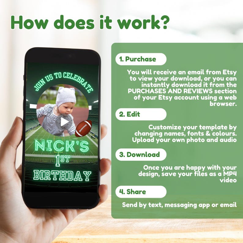 First Year Down Birthday, Football First Birthday, Football Invitation, Football Party, Boy First Birthday Animated Invite, Video Invitation - How does it work?
1.Purchase
2. Edit
3. Download
4. Share