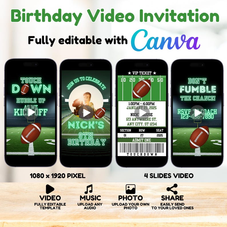 Football Invitation, Football Birthday Party Invitation, Boys Birthday Invite, Animated Invite, Video Invitation, Editable Canva Template - Fully Editable with Canva. Upload Audio, Add your own photo, Share with your loved ones