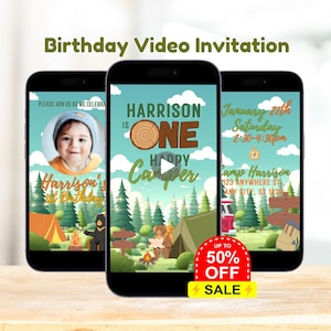 Editable One Happy Camper Birthday Video Invitation Template, Camping Birthday Party Theme Animated Invite, Camper 1st Birthday Invite Canva