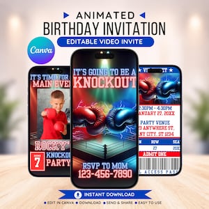 May include: Animated birthday invitation featuring three smartphones. The center phone displays red and blue boxing gloves above a boxing ring. The left phone shows a boy in red boxing gloves. The right phone has event details.