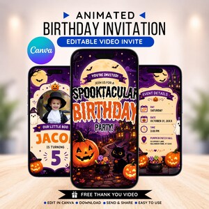 May include: Three smartphones displaying an animated Halloween-themed birthday invitation. The screens feature a purple and orange color palette with graphics of pumpkins, a black cat, a haunted house, and the text SPOOKTACULAR BIRTHDAY PARTY.