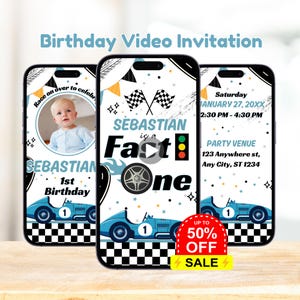 Editable Fast One Race Car Birthday Video Invitation, Blue Race Car Theme Birthday Party Animated Invite, Boy 1st Birthday Invitation Evite