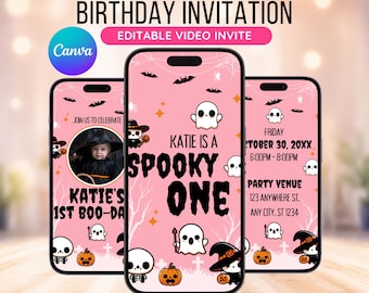 Editable Halloween 1st Birthday Invitation, Spooky One Birthday Invite, Pink Halloween, Girl First Birthday, Animated Invite, Canva Template