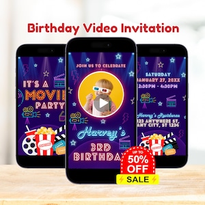 Editable Movie Night Birthday Party Video Invitation, Cinema Birthday Animated Invite, Kids Party Invitation, Downloadable Invite Template