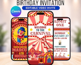 Circus Birthday Invitation, Carnival Birthday Invitation, Circus Ticket, Circus Theme, Animated Invite, Editable Canva Template