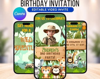 Jungle Safari Birthday Video Invitation: Animated Animals (Downloadable Invite, Canva Template)