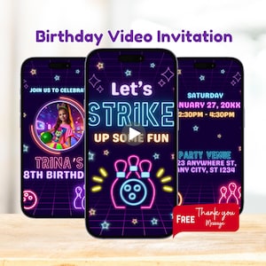 Editable Neon Bowling Birthday Invitation: Animated Video Invite for Girls (Digital Download, Canva Template)