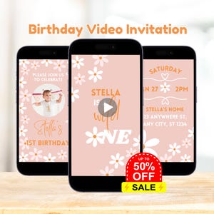 Bearbeitbare Wild One Daisy Geburtstags-Videoeinladung, Retro Daisy Geburtstag animierte Einladung, Boho Daisy 1st Geburtstag, Mädchen erster Geburtstag einladen