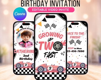 Growing Up Two Fast, Two Fast Birthday, Two Fast Invitation, Racing Theme Party, Girl Racing Party, Animated Invite, Video Invitation Evite