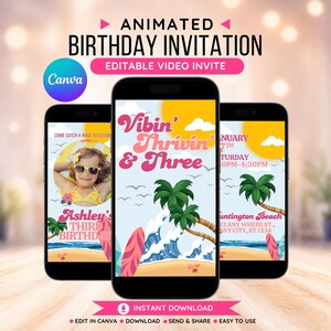 Puede incluir: Tres smartphones que muestran una invitación de cumpleaños con temática de playa. La invitación presenta el texto "Vibin' Thrivin' & Three" con palmeras, olas y una tabla de surf. La invitación es para el tercer cumpleaños de Ashley.