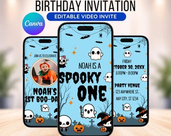 Editable Spooky One Birthday Invitation, Halloween Party Invite, Halloween Invitation, Boy First Birthday, Animated Invite, Canva Template