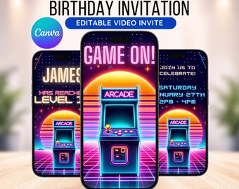 Invitación de cumpleaños con video editable para fiestas de videojuegos: invitación descargable, plantilla de Canva
