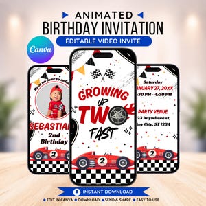 Può includere: Tre schermi di smartphone che mostrano un invito di compleanno a tema automobilistico. L'invito presenta il testo "Growing Up Two Fast" e "2nd Birthday". Il design include bandiere a scacchi e un'auto da corsa rossa.
