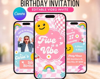 Editable Five is a Vibe Birthday Video Invitation, Groovy Retro Birthday Animated Invite, Checkered Smile Face Girl 5th Birthday Template