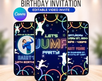 Editable Trampoline Birthday Invitation: Animated Jump Party (Digital Download, Canva Template)