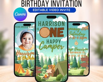 Editable One Happy Camper Birthday Video Invitation Template, Camping Birthday Party Theme Animated Invite, Camper 1st Birthday Invite Canva