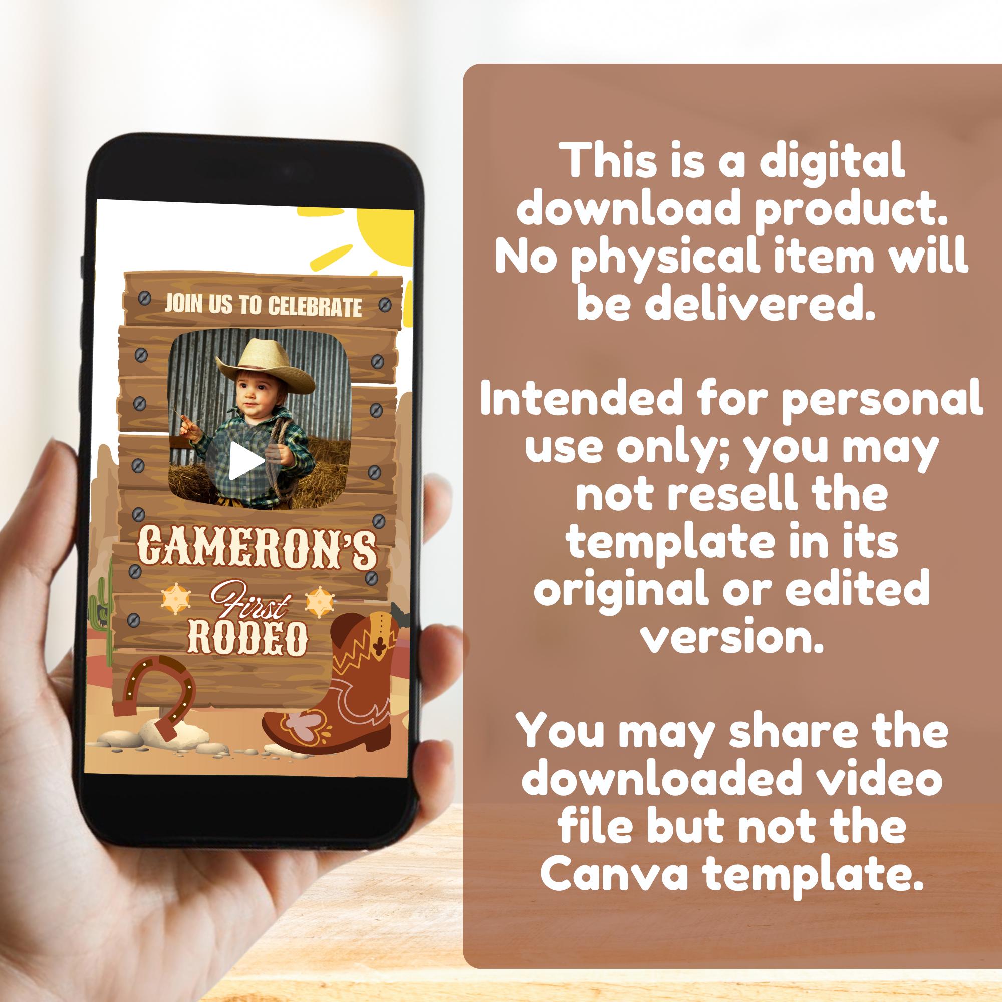 Editable Cowboy First Rodeo Birthday Video Animated Invitation (canva ...