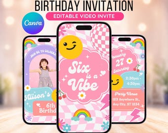 Invito video modificabile per il sesto compleanno in stile retrò (modello Canva)
