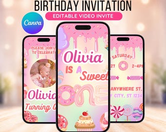 Candyland Birthday, Candy Birthday, Sweet Birthday Invitation, Candy Invitation Girl 1st Birthday, Animated Invite, Canva Template Digital