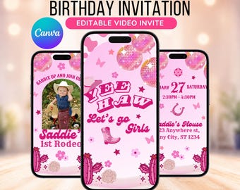 Invito video modificabile per il mio primo rodeo di compleanno, invito animato "Andiamo ragazze cowgirl", invito per il primo compleanno di una bambina, invito a tema Far West