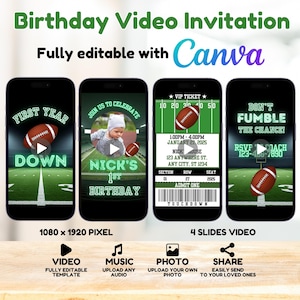 First Year Down Birthday, Football First Birthday, Football Invitation, Football Party, Boy First Birthday Animated Invite, Video Invitation - Fully Editable with Canva. Upload Audio, Add your own photo, Share with your loved ones