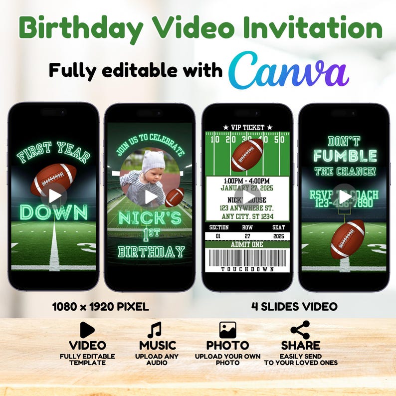First Year Down Birthday, Football First Birthday, Football Invitation, Football Party, Boy First Birthday Animated Invite, Video Invitation - Fully Editable with Canva. Upload Audio, Add your own photo, Share with your loved ones