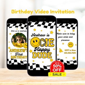 Editable One Happy Dude Birthday Video Invitation Template, Smile Face Birthday Animated Invite, Boys First Birthday Invite Canva Template