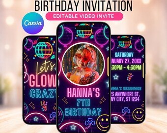 Let's Glow Crazy Birthday Party Invite, Neon Glow Party, Neon Invitation, Kids Invite, Animated Invite, Video Invitation,Downloadable Invite