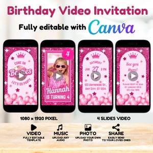 Fashion Doll Invite Birthday Video, Pink Doll Birthday Video Invitation, Pink Sparkle Animated Invite, Doll Theme Party, Pink Glitter Invite - Fully Editable with Canva. Upload Audio, Add your own photo, Share with your loved ones