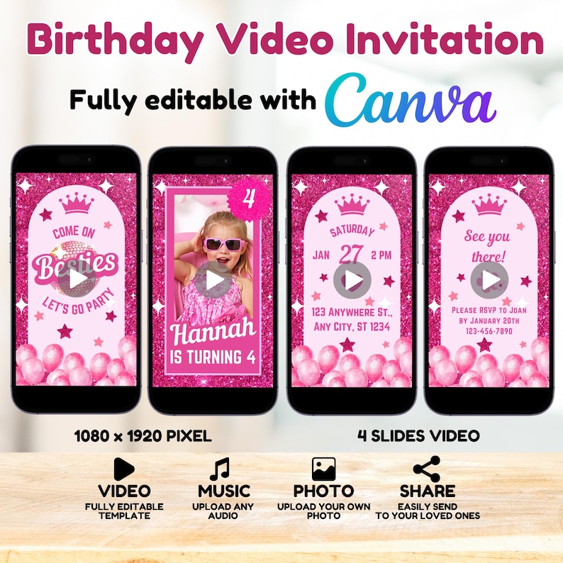 Fashion Doll Invite Birthday Video, Pink Doll Birthday Video Invitation, Pink Sparkle Animated Invite, Doll Theme Party, Pink Glitter Invite - Fully Editable with Canva. Upload Audio, Add your own photo, Share with your loved ones