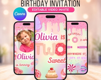 May include: Animated birthday invitation displayed on three smartphones. The design features a pink and white color scheme with the text "Olivia is Two Sweet." The invitation includes a photo of a child and event details.