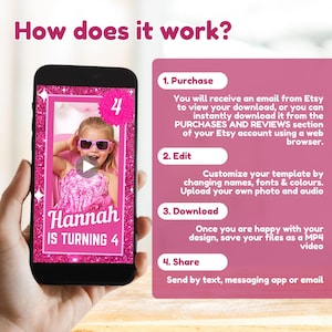 Fashion Doll Invite Birthday Video, Pink Doll Birthday Video Invitation, Pink Sparkle Animated Invite, Doll Theme Party, Pink Glitter Invite - How does it work?
1.Purchase
2. Edit
3. Download
4. Share