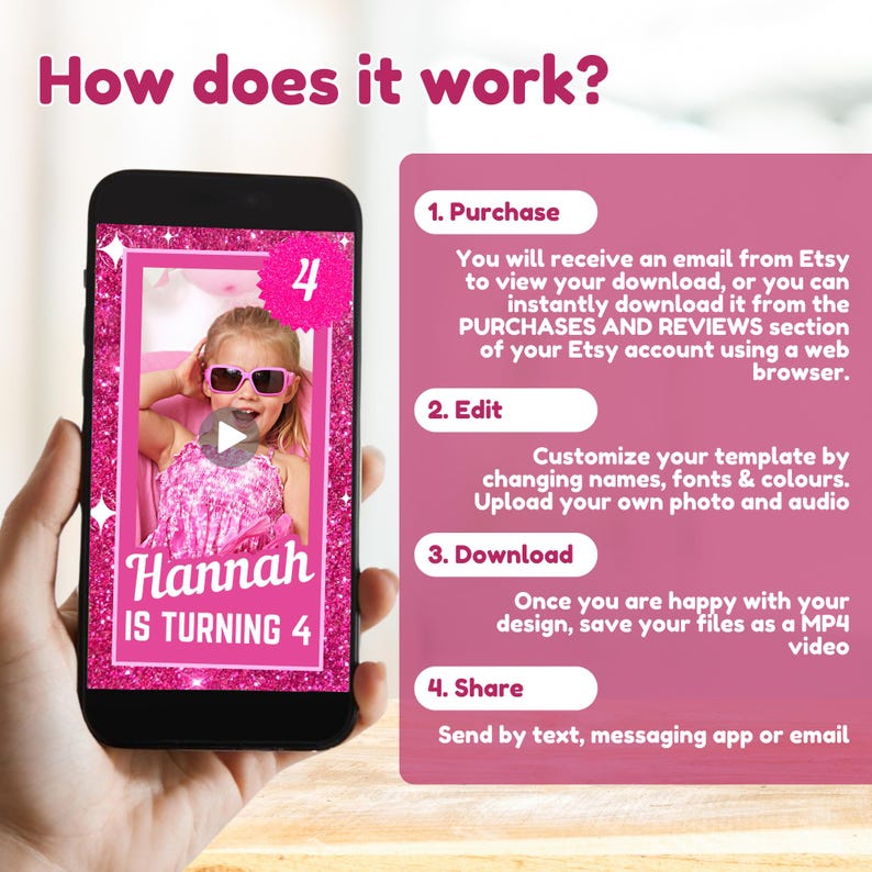 Fashion Doll Invite Birthday Video, Pink Doll Birthday Video Invitation, Pink Sparkle Animated Invite, Doll Theme Party, Pink Glitter Invite - How does it work?
1.Purchase
2. Edit
3. Download
4. Share