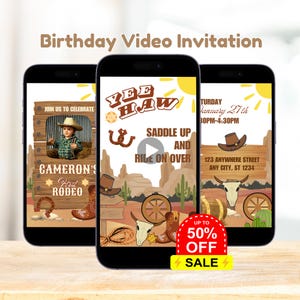 Invito video modificabile per il compleanno di un cowboy, la mia prima festa di compleanno da rodeo, invito animato per il primo compleanno in stile western, invito animato a tema cowboy