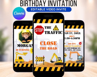 Editable Construction Truck Birthday Video Animated Invitation  (Canva Template, Downloadable Invite)
