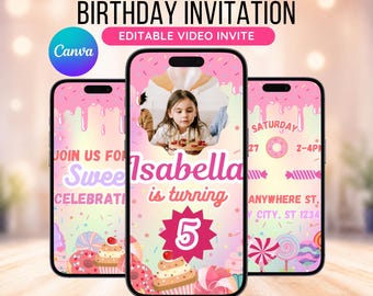 Candyland Invitation, Sweet Birthday Invitation, Candy Themed Birthday, Girls Birthday, Animated Invite, Birthday Video Invitation Template
