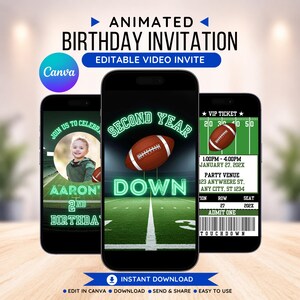 Puede incluir: Invitación de cumpleaños animada que se muestra en tres teléfonos inteligentes. El diseño presenta un tema de fútbol con el texto "Second Year Down" y un gráfico de fútbol. La invitación incluye detalles de invitación de video editable y descarga instantánea.