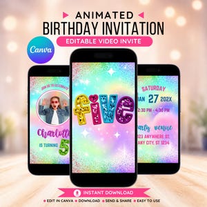 Redigerbar 5-årsdagsinbjudan, flicka 5-årsdag, 5-årsdag, regnbågsglitterinbjudan, animerad inbjudan, nedladdningsbar inbjudan Canva