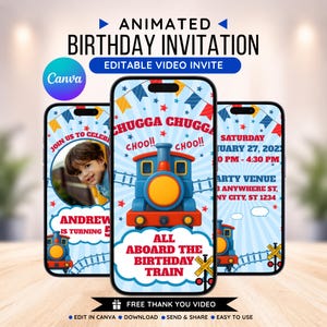 Könnte beinhalten: Animierte Geburtstagseinladung auf drei Smartphones. Das Design zeigt einen blauen Zug, den Text "Chugga Chugga Choo Choo" und Party-Details. Die Einladung enthält ein Foto eines Kindes und die Worte "Andrew is turning 5".