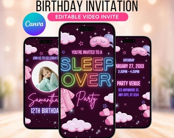 Sleepover Birthday Invitation, Sleep Over Pajama Party Invitation, Slumber Party, Kids Party Invite, Animated Invite, Canva Template Digital