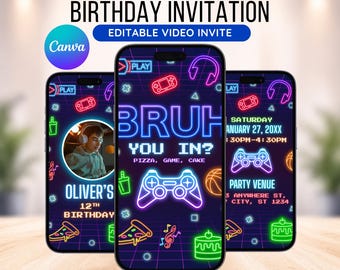 Bearbeitbar Bruh You In Geburtstag einladen, Neon Gaming Party, Teen Party, Jungeneinladung Digital, animierte Einladung, herunterladbare Einladung, Canva